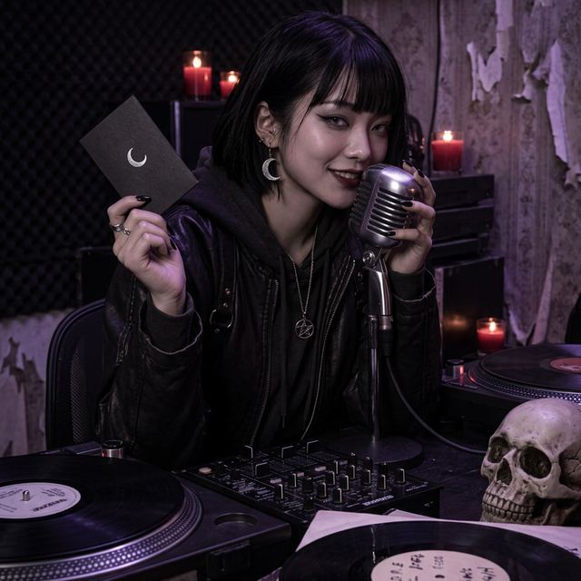 Vesper Vale in the booth, leaning into the mic