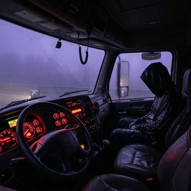 A trucker on a foggy highway