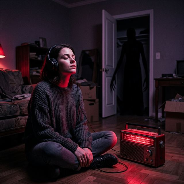 A listener in headphones, eyes closed