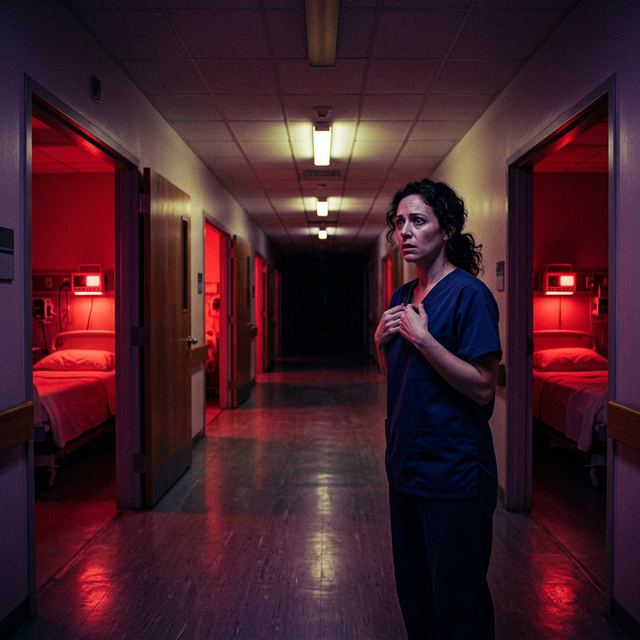 A nurse on an empty hospital ward