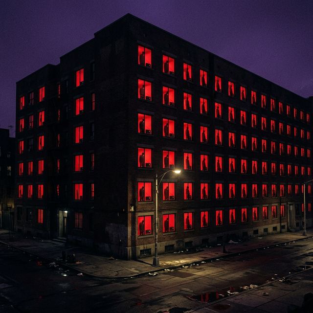 A city block of motionless listeners