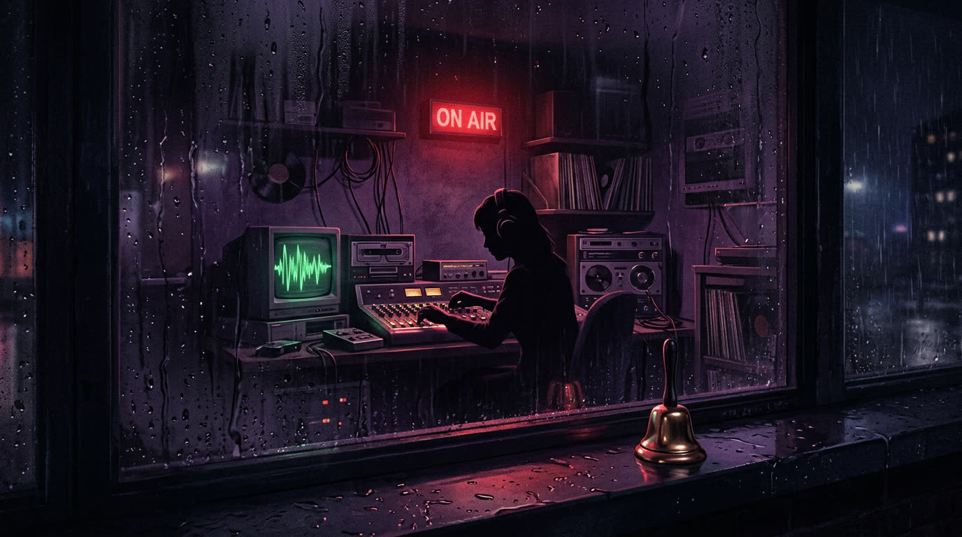 A lone DJ in a radio booth under a red ON AIR light, seen through a rainy window, a small brass bell on the sill