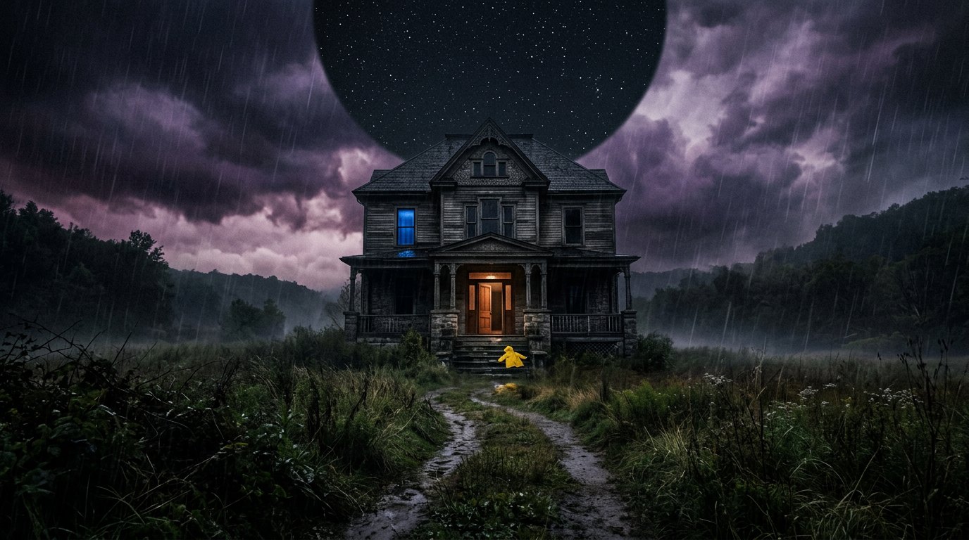 The Weather House under a circle of clear sky in a storm, a blue upstairs window and a yellow raincoat on the porch steps